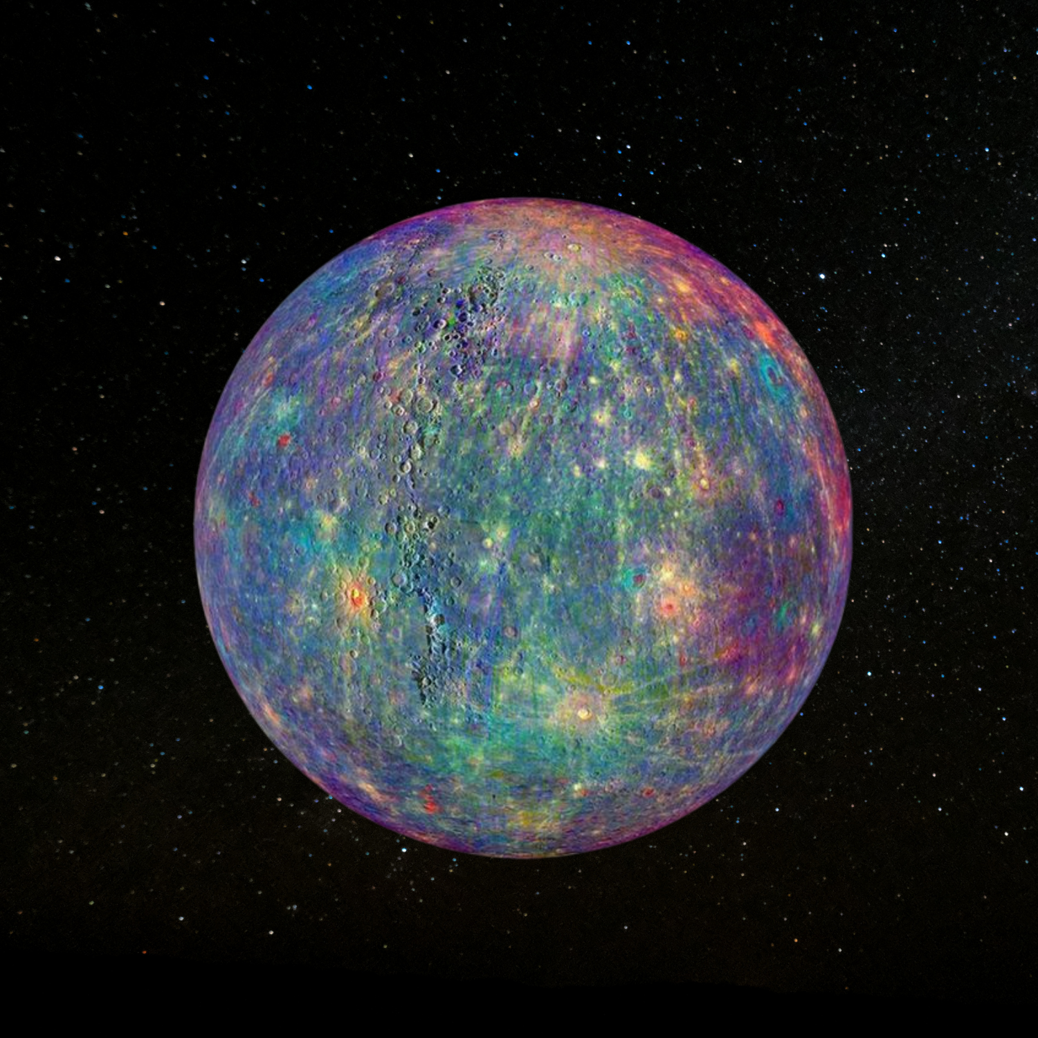 Colorful artistic rendering of the moon against a starry space background.