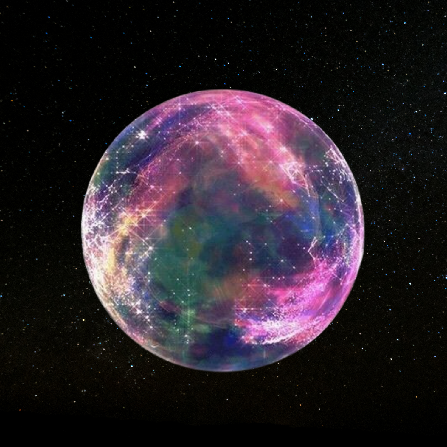 Colorful, artistic depiction of the moon with pink, purple, green, and blue hues, set against a starry black space background.