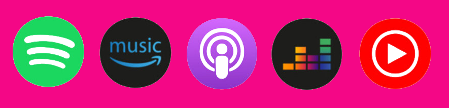 Icons for Spotify, Amazon Music, Apple Podcasts, SoundCloud, and YouTube on a pink background.