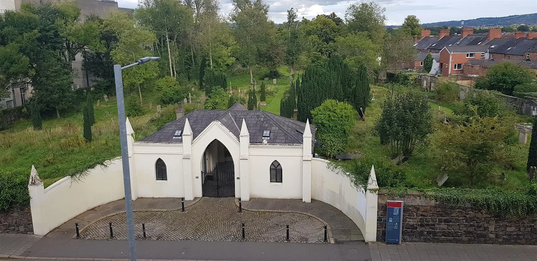 A photogtaph taken from an elevated position of the gate lodge at Friar's Bush Graveyard