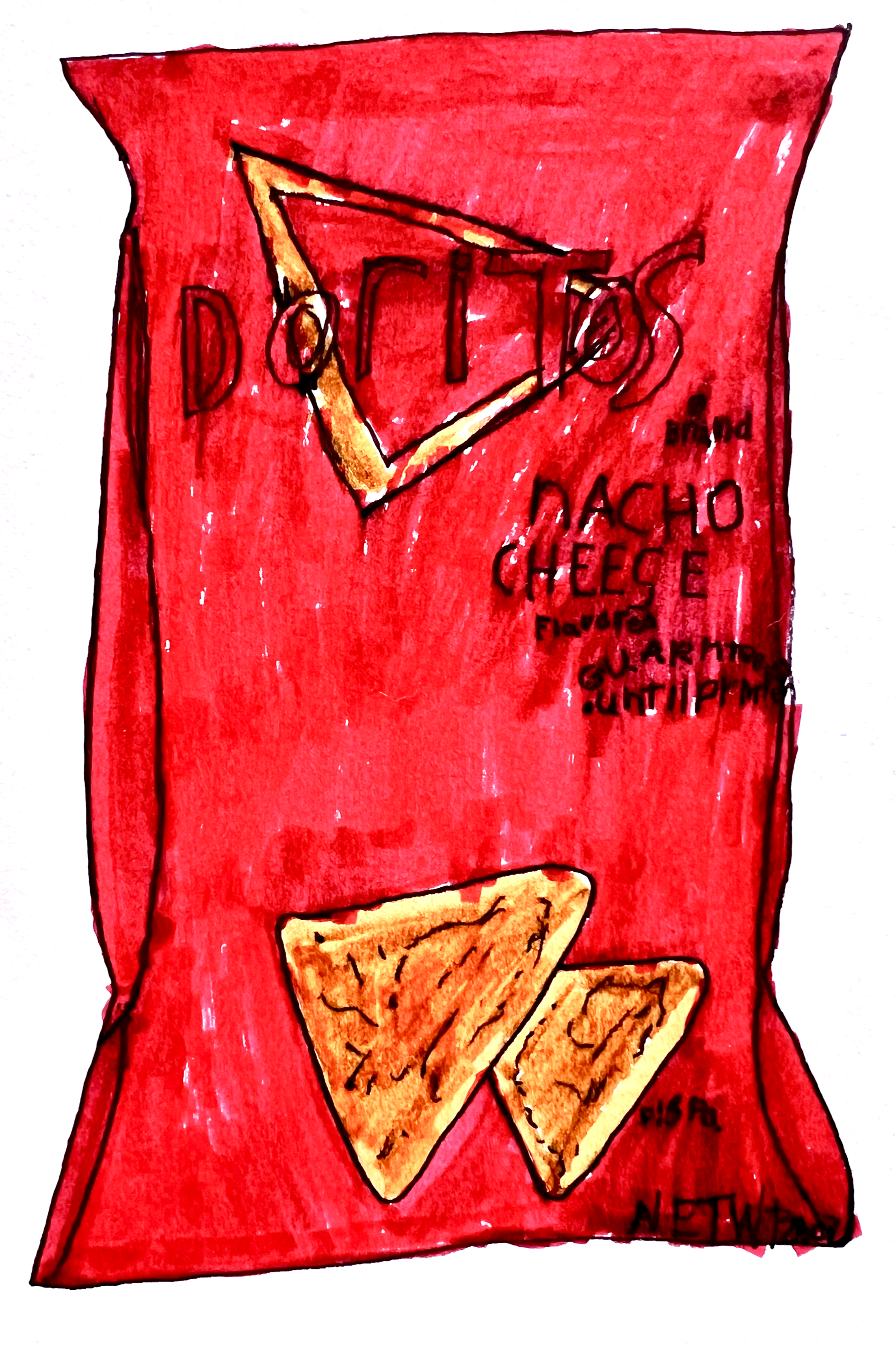 A hand-drawn illustration of a red bag of nacho cheese flavored tortilla chips with two chips visible at the bottom.