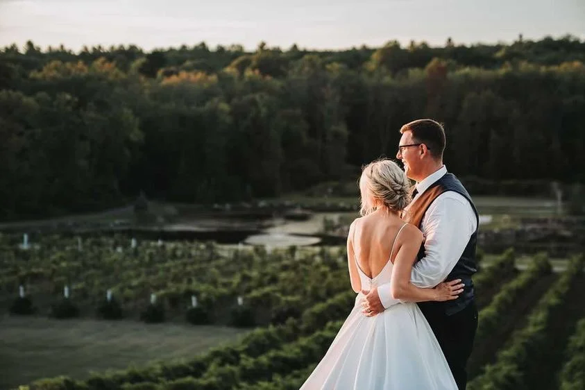 A bride and groom embracing outdoors during sunset, with a scenic landscape of trees and fields in the background.