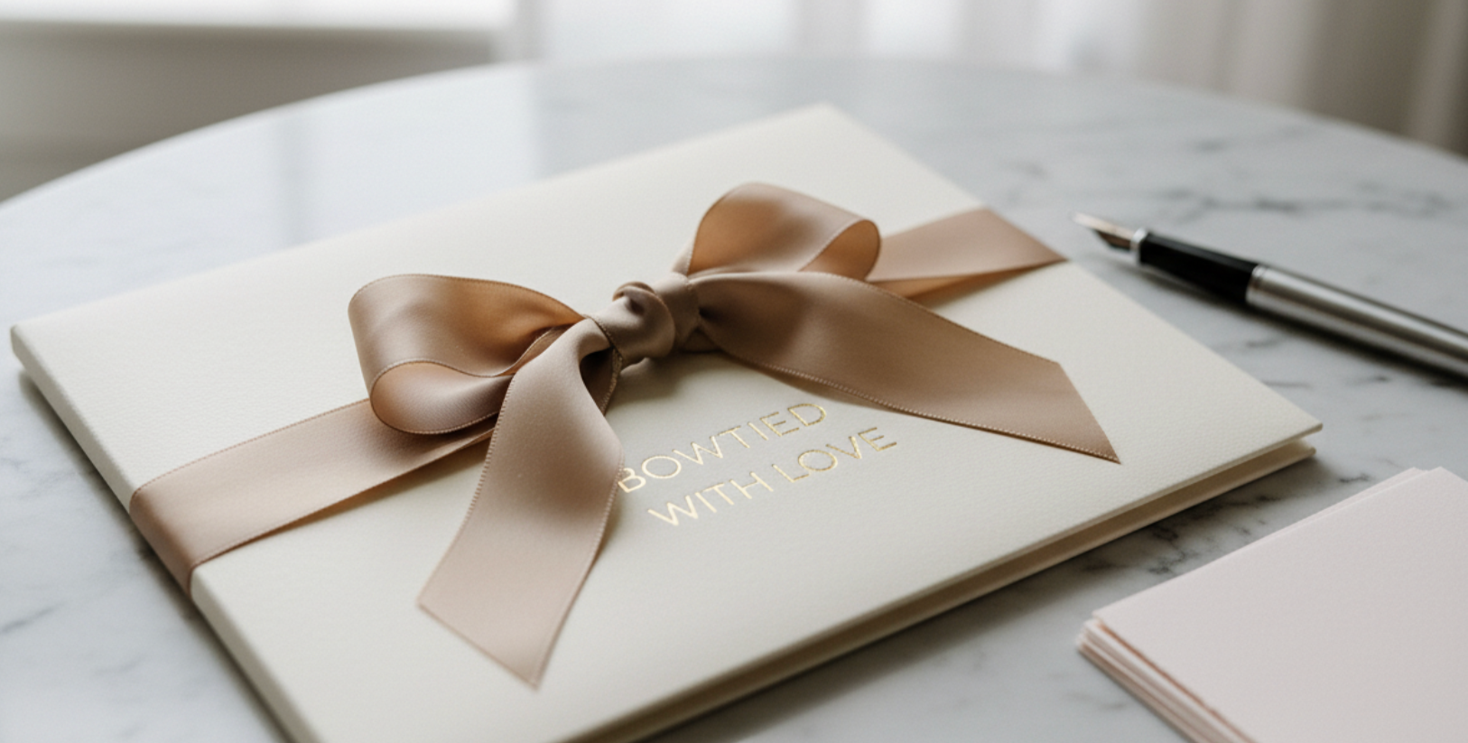 White guest book with Bowtied With Love written on the front tied with a coffee and cream coloured ribbon, sitting on a round table.