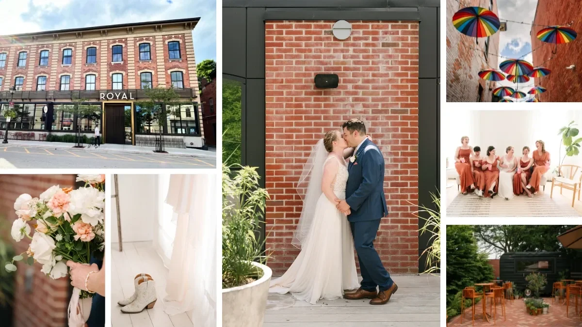A collage of wedding-related images including a bride and groom kissing, a wedding party sitting indoors, a bridal bouquet, wedding shoes, a decorated outdoor area with umbrellas, the Royal Hotel, and an outdoor seating area with tables and chairs.