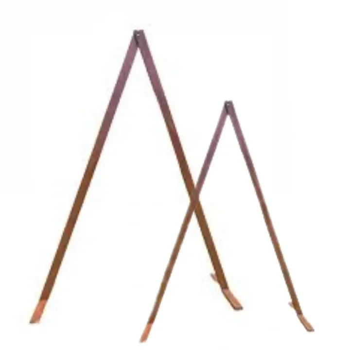 Two wooden A-frame ladder chairs intertwined to form an abstract pattern against a white background.