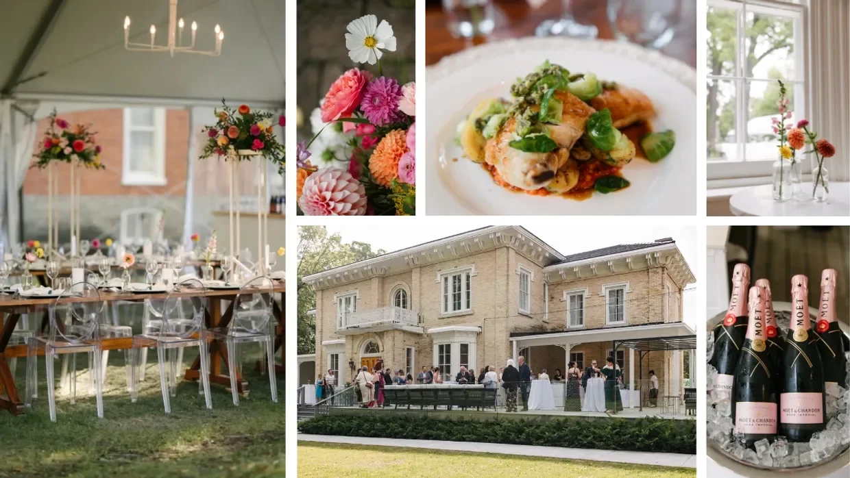 A collage of images from a celebration at the CAPE a historic mansion. Includes outdoor dining setup, gourmet food, a floral arrangement, Moët & Chandon, guests gathering at the outdoor patio and entrance.