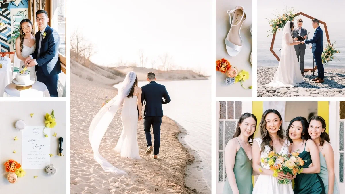 A collage of wedding photos including a bride and groom at the Sandbanks, the couple exchanging vows, friends taking group photos, and wedding accessories like a bouquet, shoes, and a wedding invitation.
