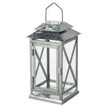 Metal lantern with a glass enclosure and a handle on top.