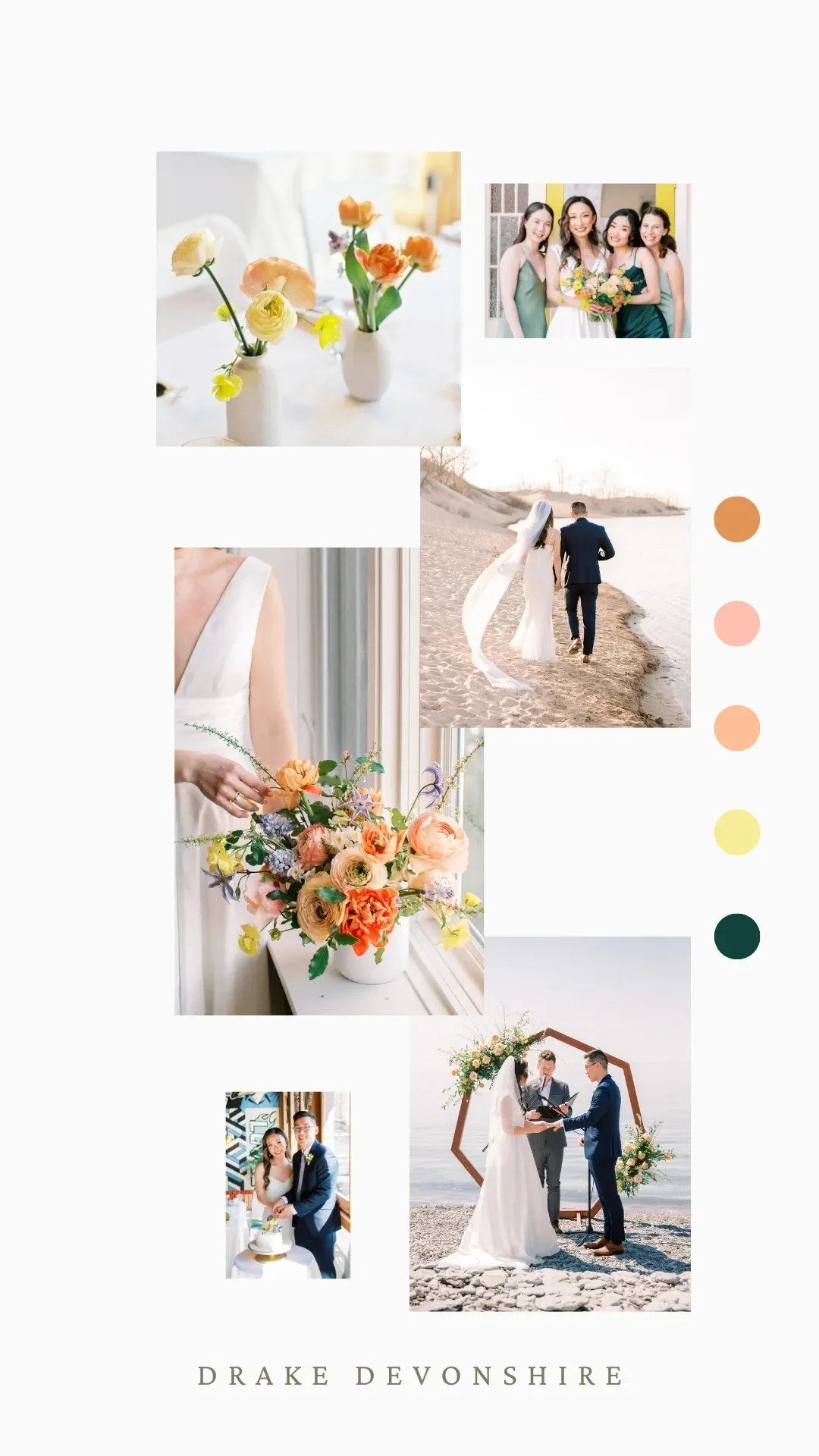 Spring wedding collage of pinks, peaches, yellos and greens. Includes, vases, florals, bridesmaids, ceremony and cake cutting.