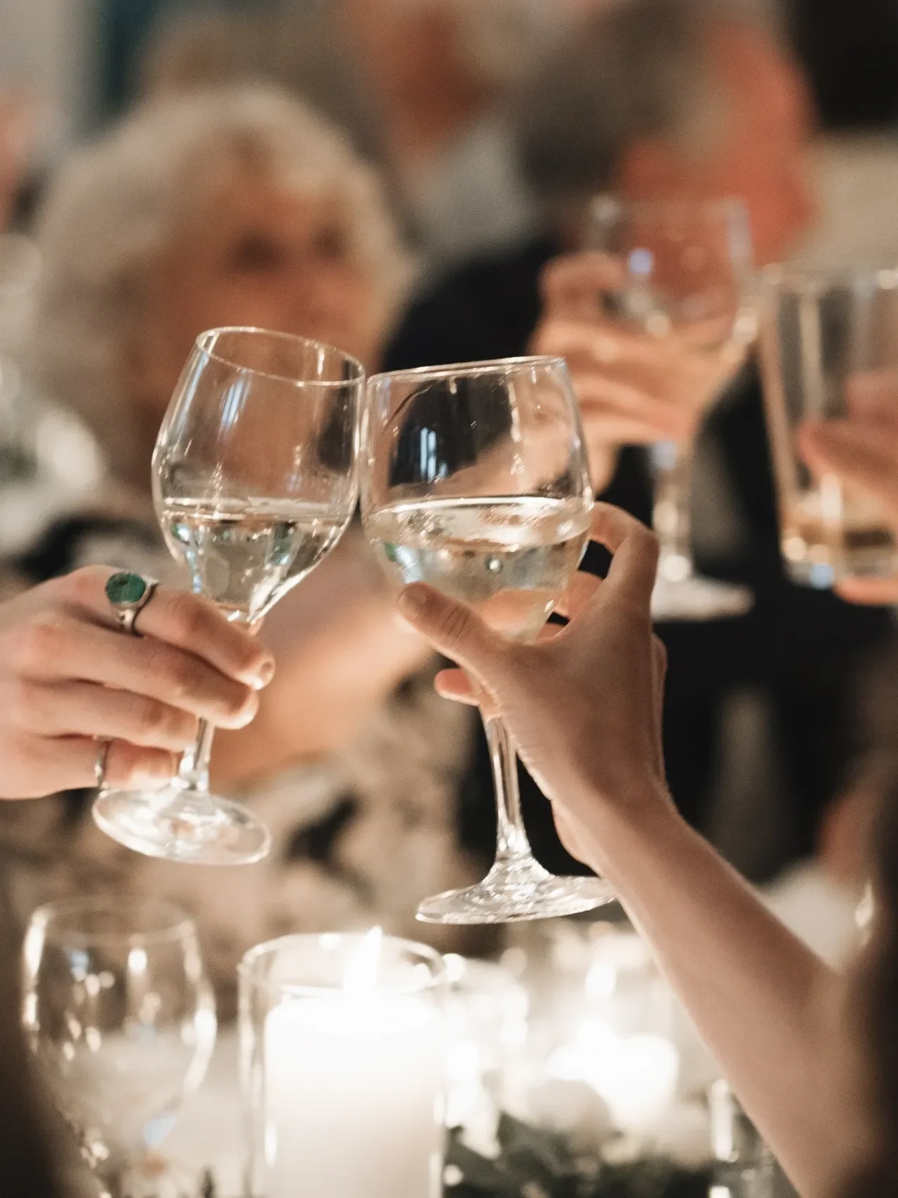 People toasting with glasses of white wine at a social gathering or celebration.