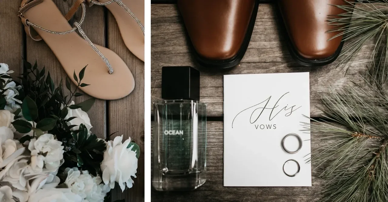 Wedding Day flatlay details including shoes, flowers, rings, cologne, and vow book.