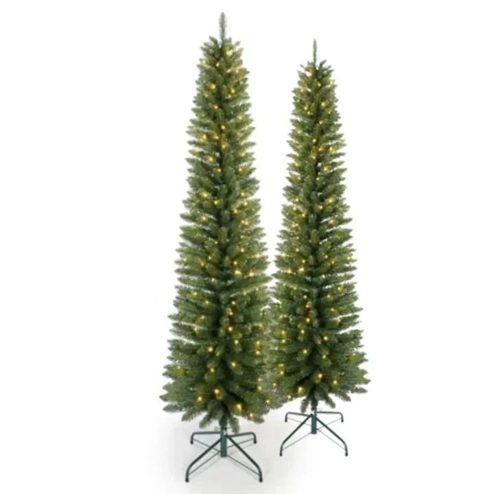 Two decorated artificial Christmas trees with yellow lights.