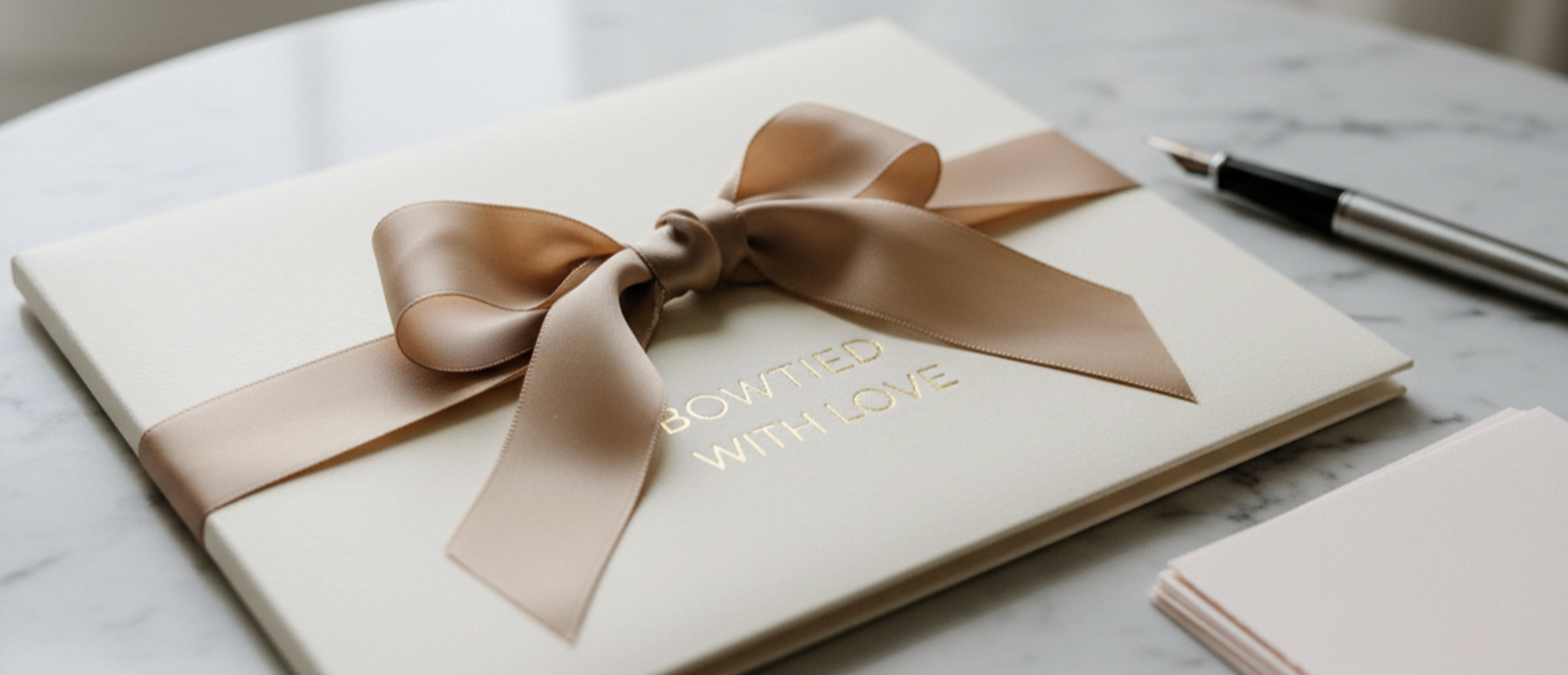 A cream-colored guestbook with a taupe ribbon bow and gold embossed text that reads "BOWTIED WITH LOVE". A black and silver pen and pink paper are on a marble surface nearby.