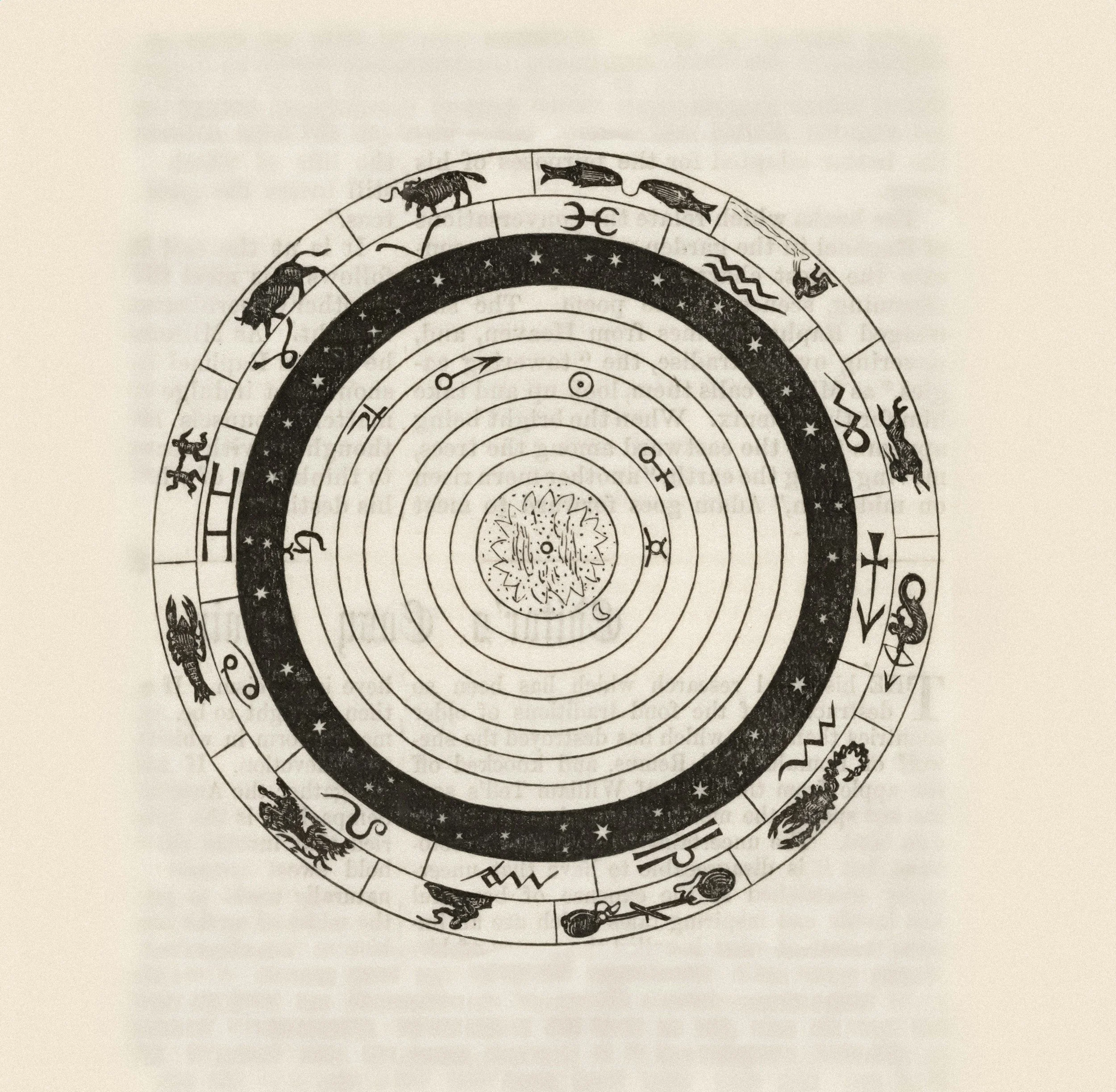 Black and white circular zodiac wheel with various astrological signs and symbols.