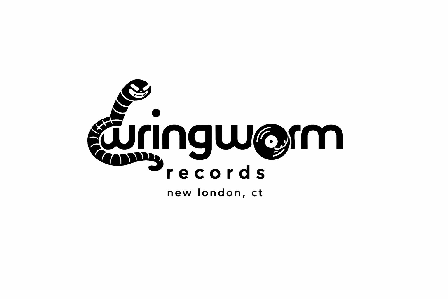 Logo for Wringworm Records, a record label based in New London, CT, featuring a stylized worm with a smiling face and a vinyl record incorporated into the text.