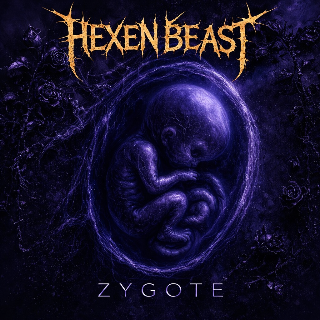 Album cover for Hexen Beast's second single "Zygote" featuring a fetal form inside a glowing purple womb with dark roses around it.