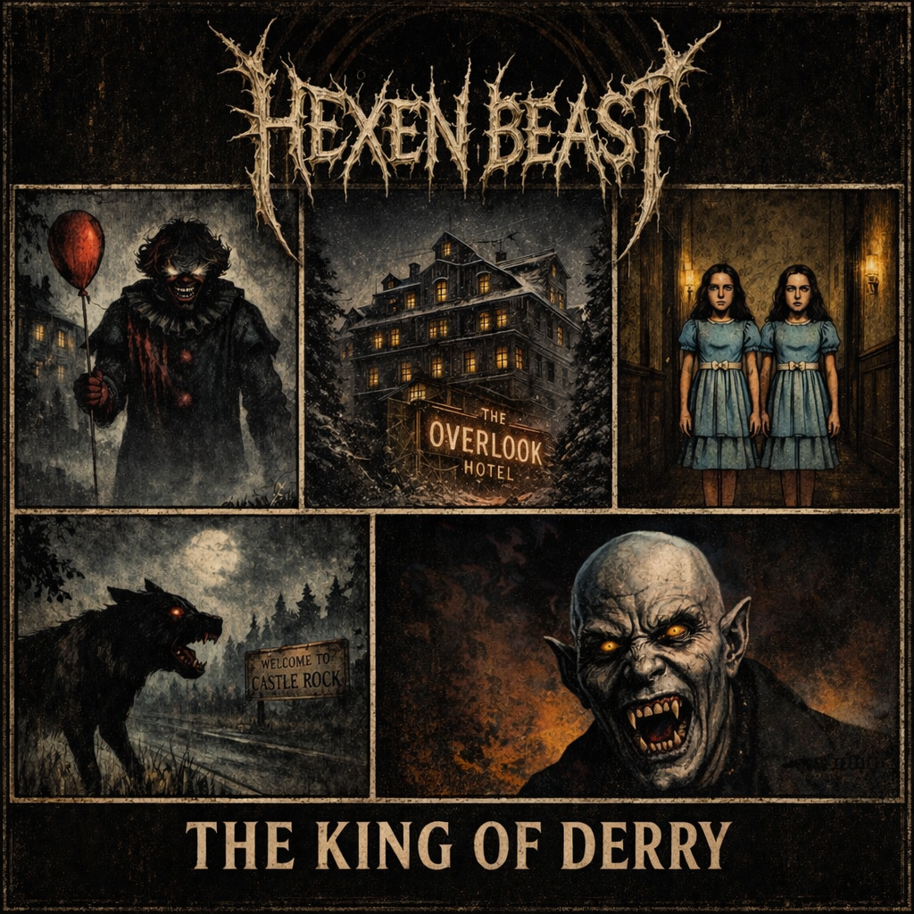 Single cover for the first single off the Hexen Beast album Zygote. The single is called "The King of Derry, and the cover features a collage of Steven King novels including It, The Shining, Cujo, and Salem's Lot.
