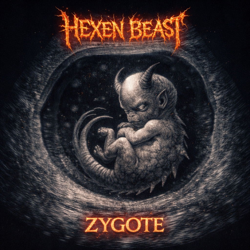 Album cover art for "Hexen Beast" featuring a black and white illustration of a baby with horns, dragon-like scales, and a tail, encased in a swirling vortex.
