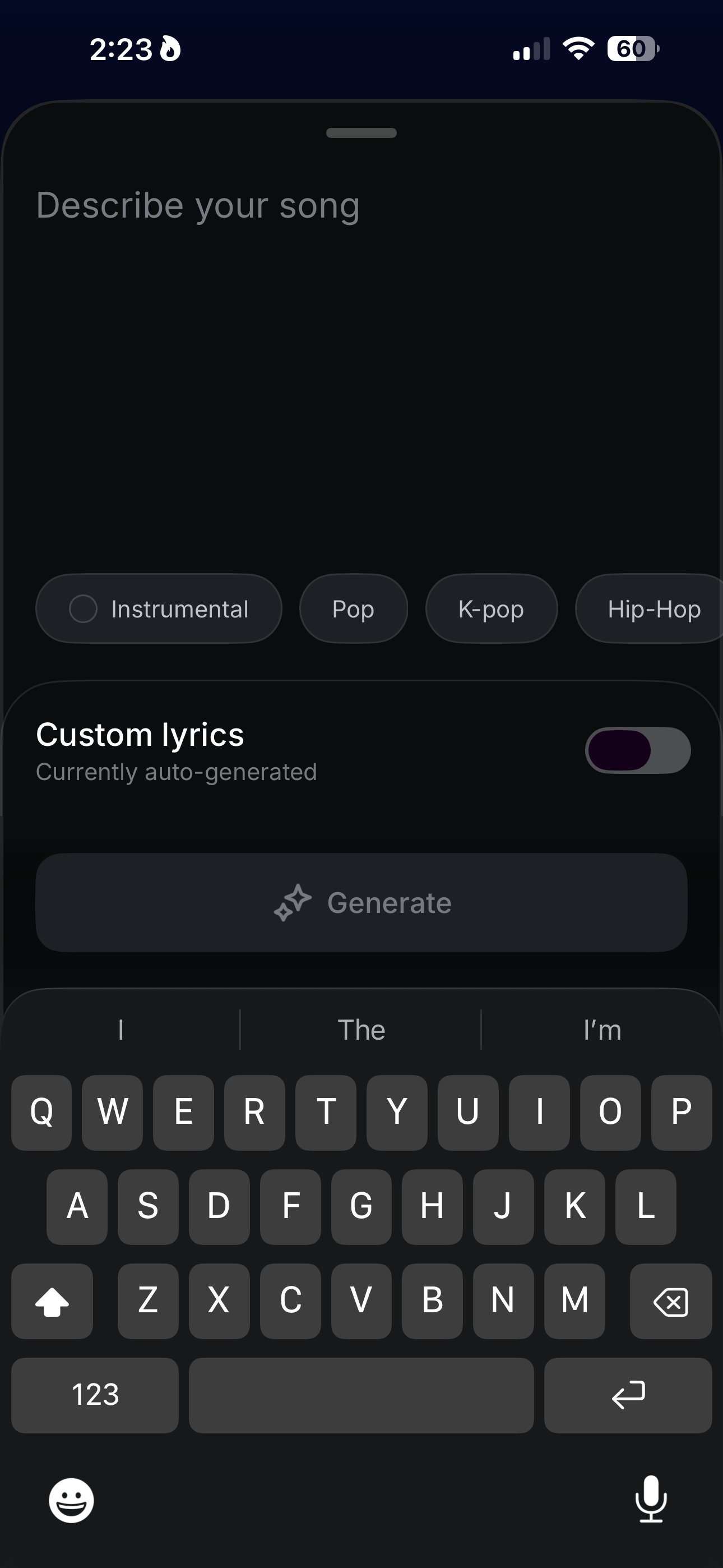 A mobile app screen for creating a song, with options to select genre, enable custom lyrics, and a keyboard at the bottom. This is MusicGBT, one of the key tools used to create Hexen Beast and the upcoming album Zygote.