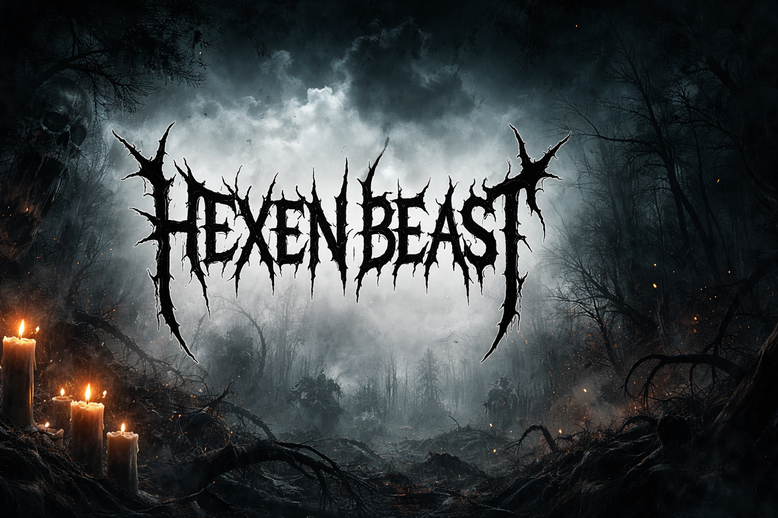 Dark forest scene with glowing candles on the ground, twisted trees, fog, and cloudy sky, featuring the text 'Hexen Beast' in a jagged, spooky font.