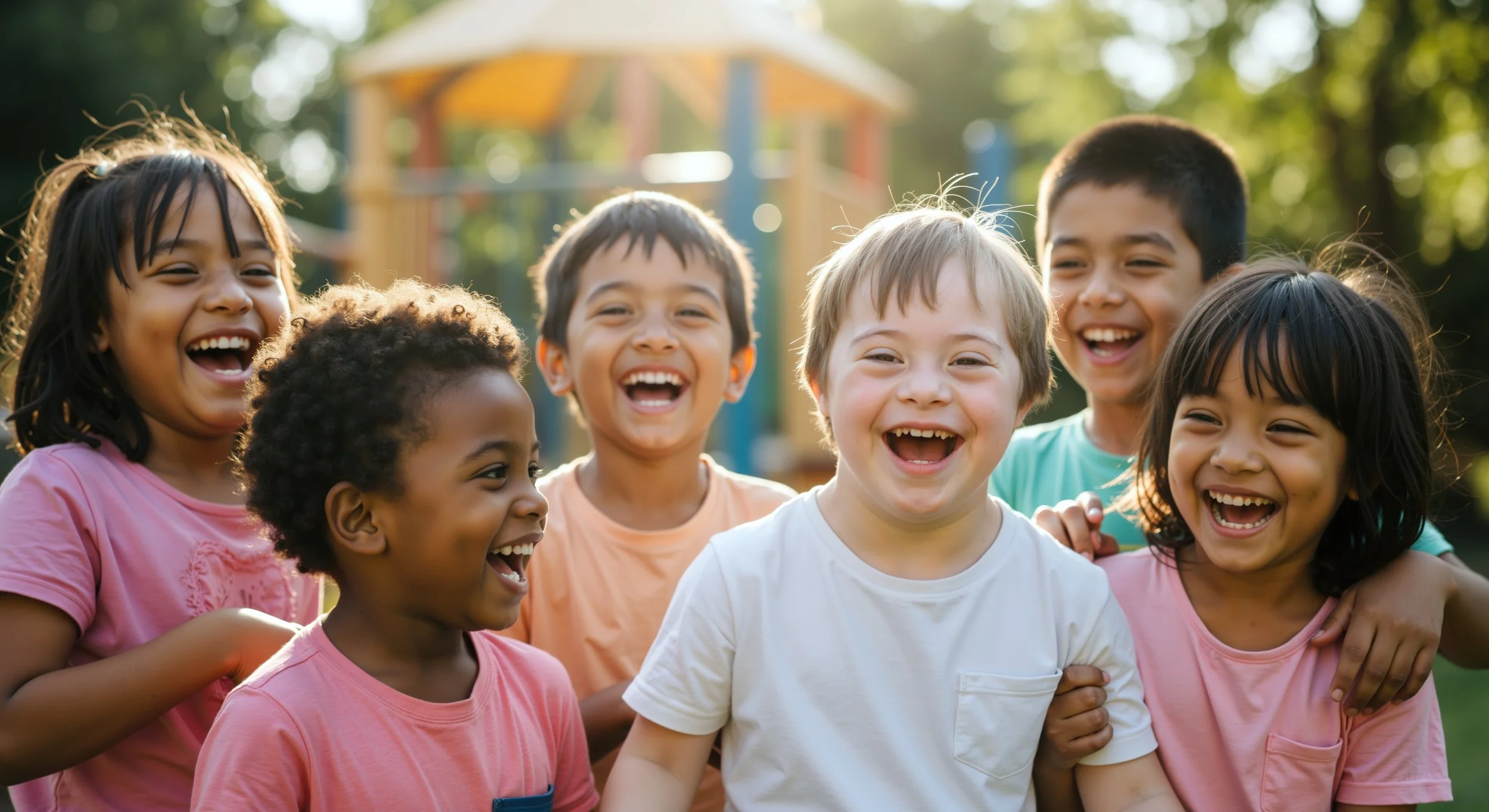 Group of diverse children smiling and laughing outdoors at a playground