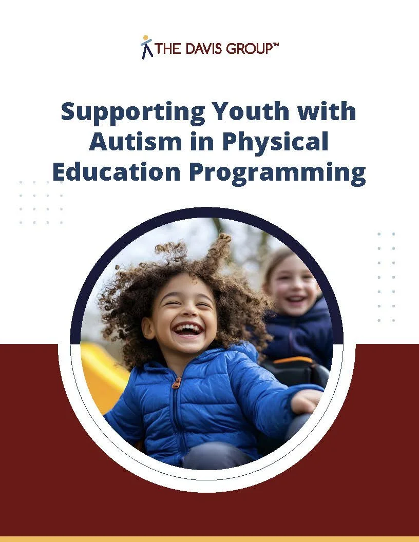 Cover of a guide titled Supporting Youth with Autism in Physical Education Programming, featuring two children smiling outdoors, one in a blue jacket and the other in the background.