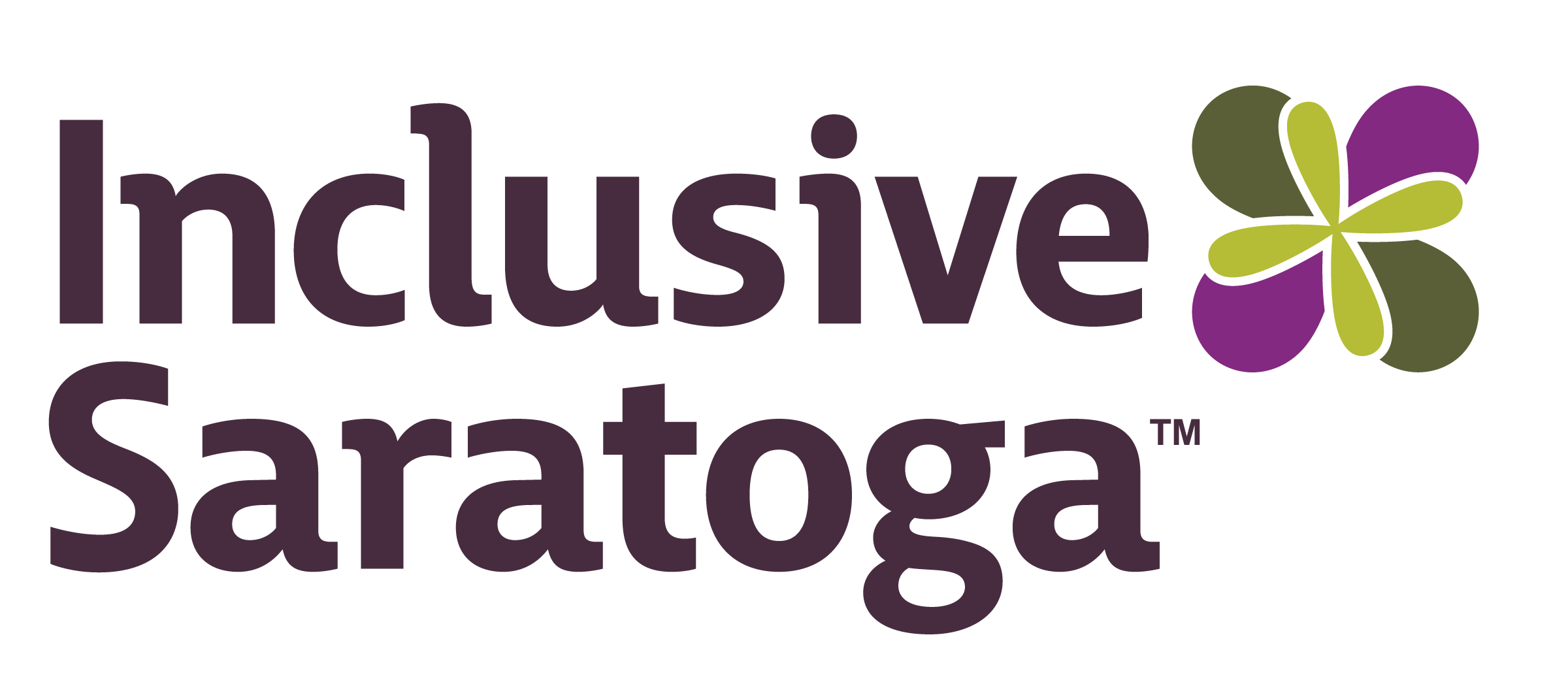 Inclusionary Saratoga logo with the words 'Inclusive Saratoga' in purple text and a multicolored flower icon with green, purple, and olive petals.