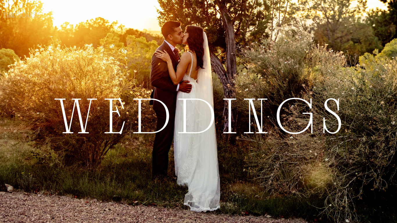 A bride and groom kissing outdoors at sunset with trees and bushes in the background, overlaid with the word 'WEDDINGS'.