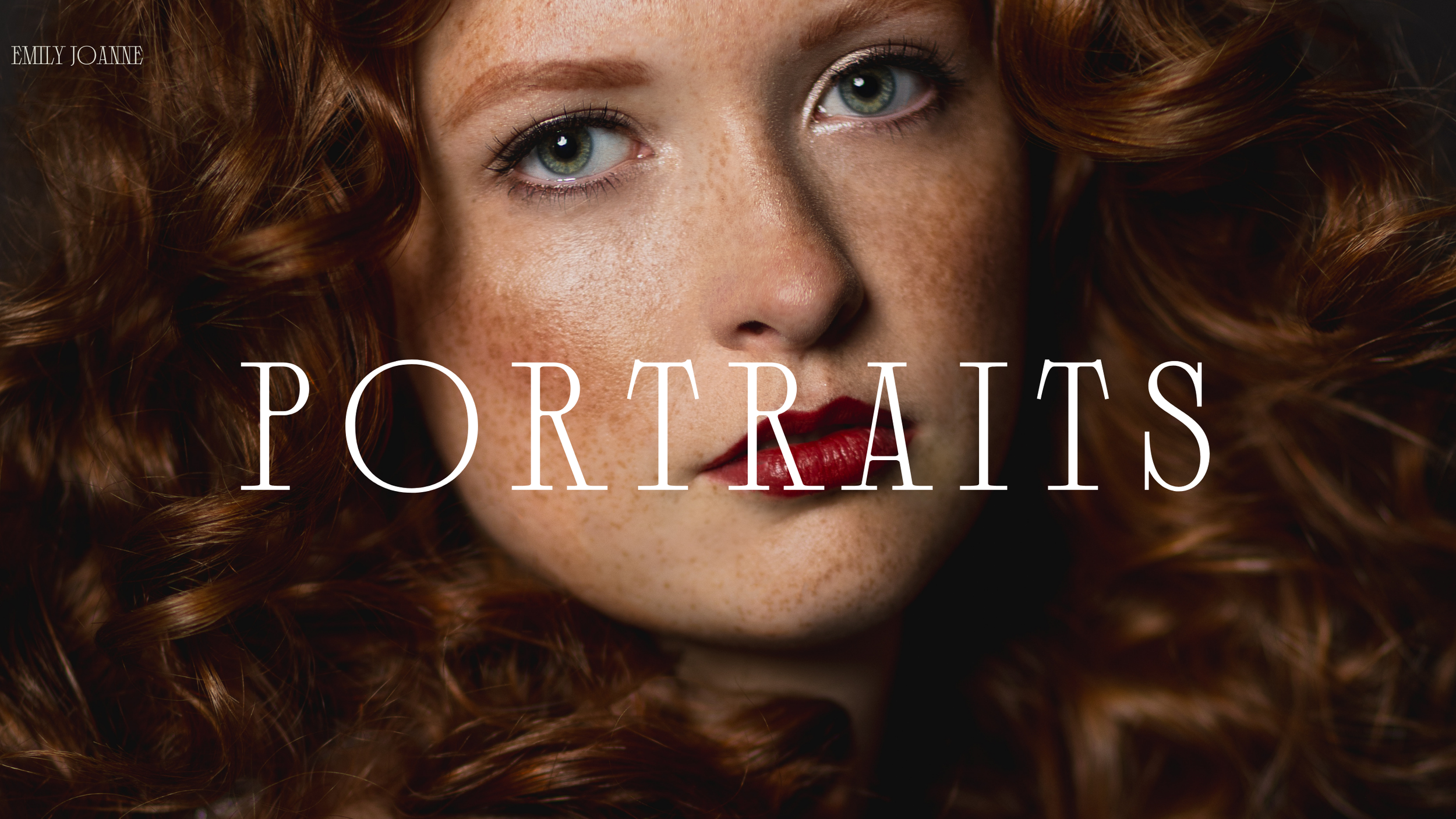 Close-up of a woman with red curly hair and freckles, with the word 'PORTRAITS' overlaid. The name 'EMILY JOANNE' is visible in the top left corner.