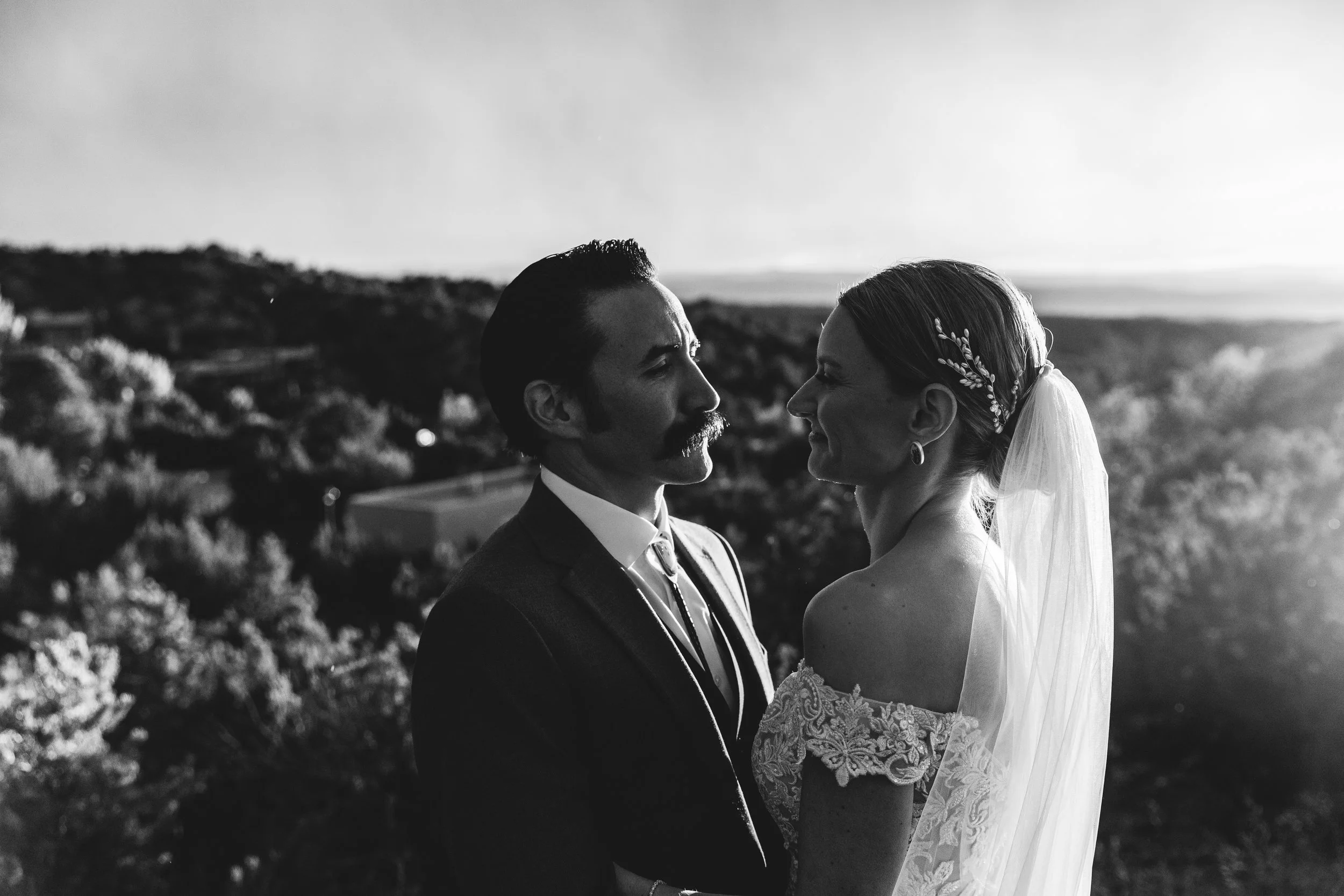 A black-and-white photograph of a bride and groom standing close together outdoors with a scenic landscape in the background, gazing into each other's eyes.