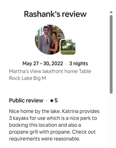 A screenshot of a travel review for a lakeside home at Martha's View, Rock Lake Big M, dated May 27-30, 2022, including a photo of a man and woman at the top.