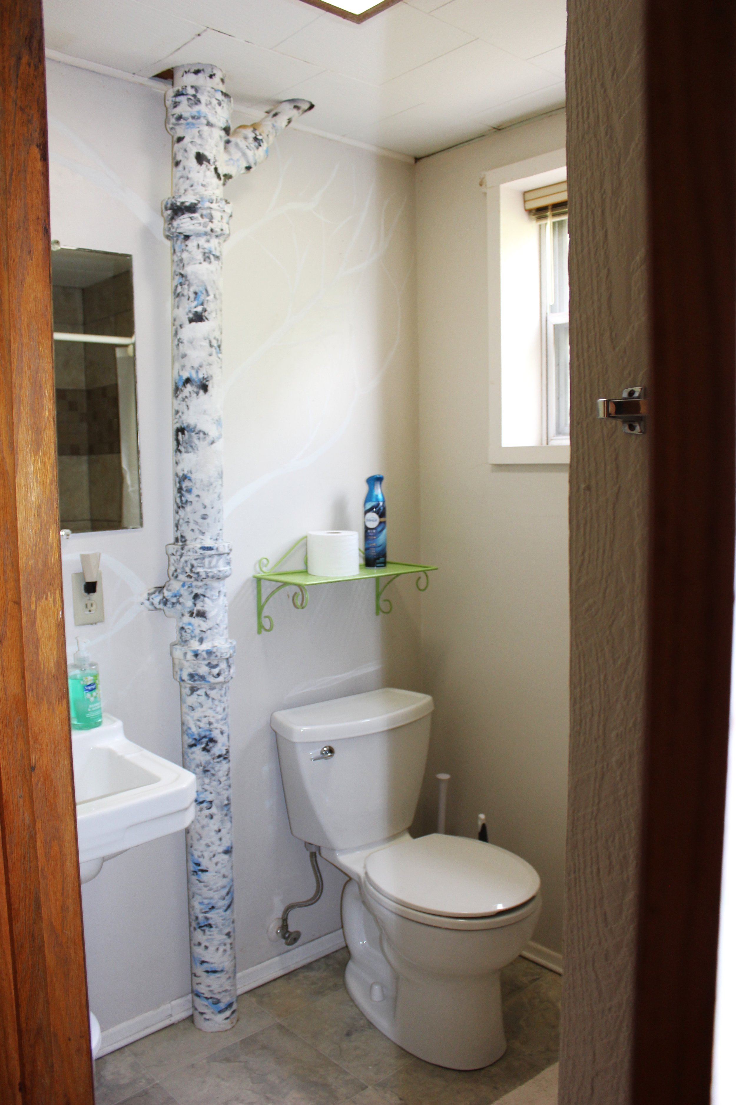 A small bathroom with a white toilet, a green wall shelf holding toilet paper and a spray bottle, a small sink with a bottle of hand sanitizer, a window with partial blinds, and a decorative painted pipe running vertically next to the toilet.