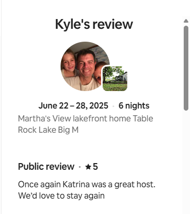 Screenshot of a summer vacation review by Kyle, with a photo of a man and two children, and details of a stay at Martha's View lakefront home on Rock Lake, rated 5 stars.
