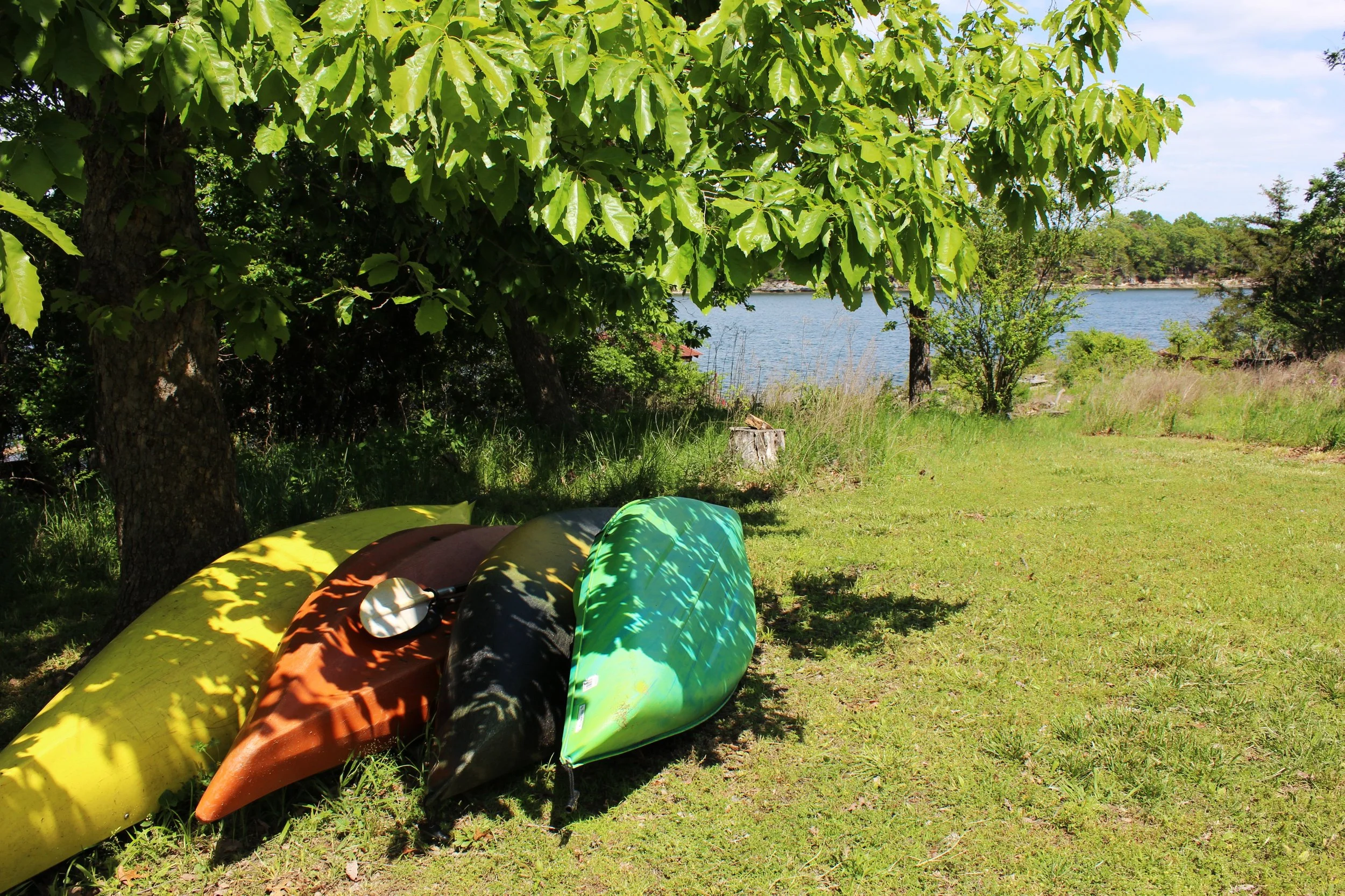 Several colorful kayaks and a helmet on the grass near a large leafy tree by a body of water under a partly cloudy sky.