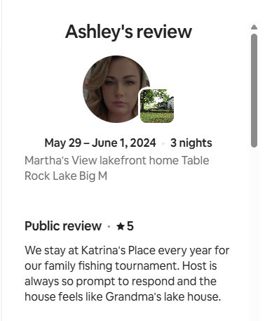 5-star guest review for Martha’s View lakefront vacation rental at Table Rock Lake, highlighting family fishing trips and a welcoming lake house experience.