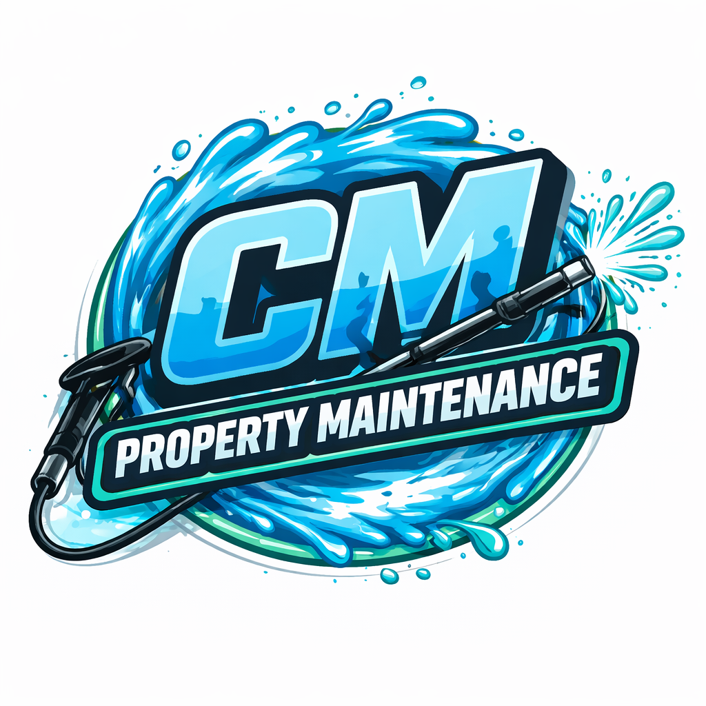 Logo for a property maintenance company with water splash background, featuring the text 'CM' and 'Property Maintenance' with water hoses.