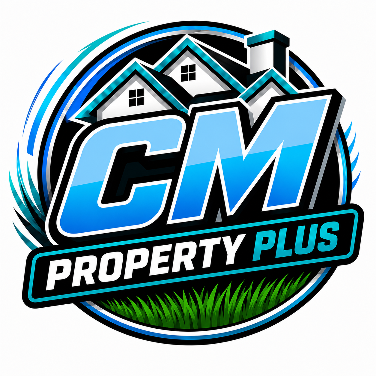 Logo for 'CM Property Plus' with houses in the background and grass at the bottom.
