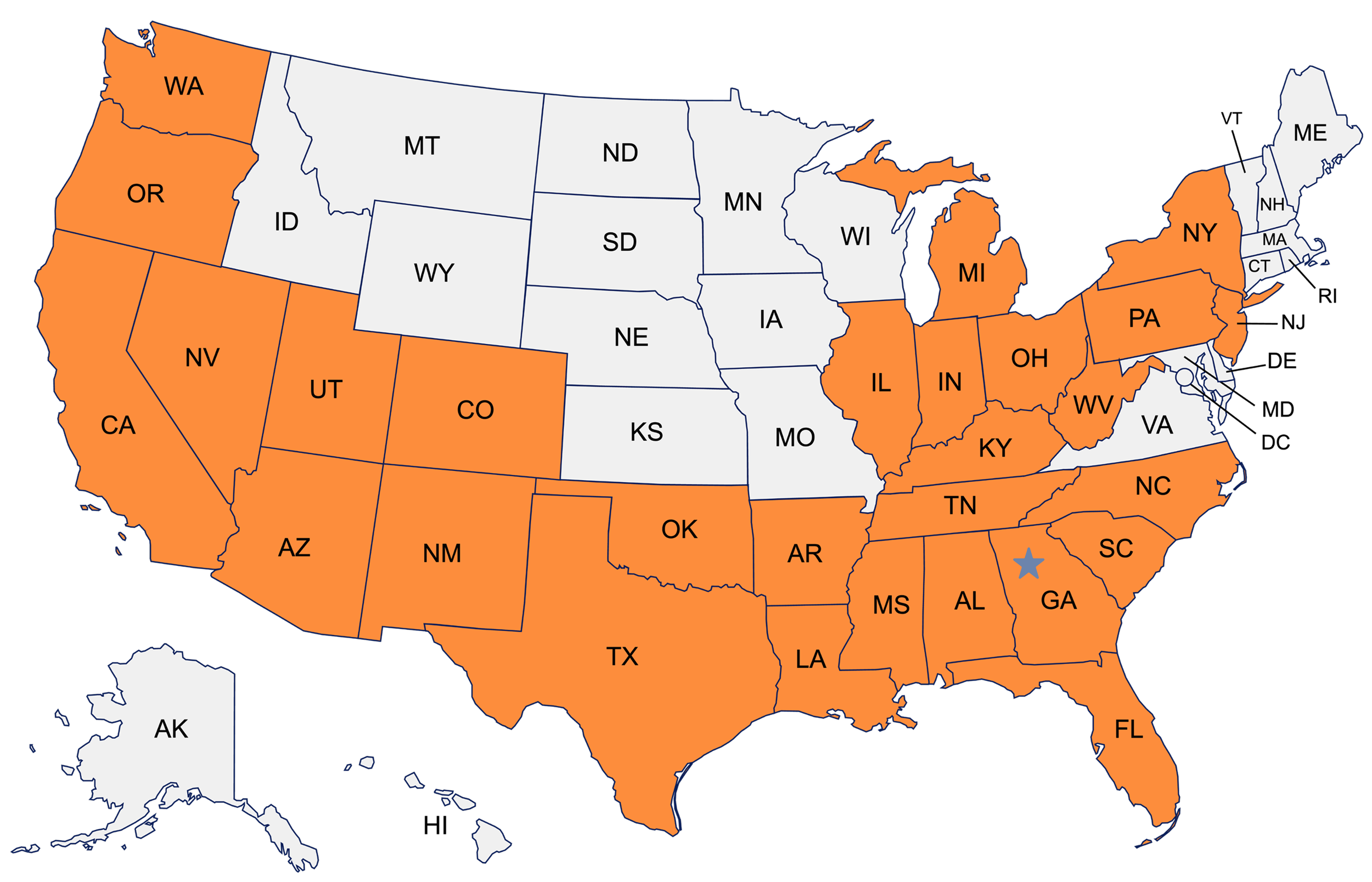 Map of the United States with states highlighted in orange, mostly in the East, Midwest, and West Coast, and a star marking Georgia.