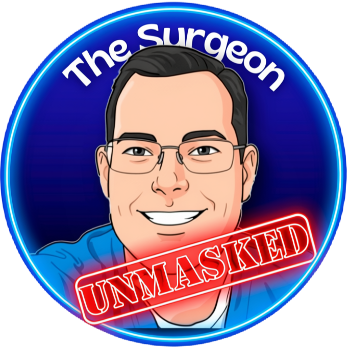 A digital illustration of a smiling man with glasses, set against a dark blue background with neon-colored text that reads 'The Surgeon' and a red neon sign that says 'UNMASKED'.