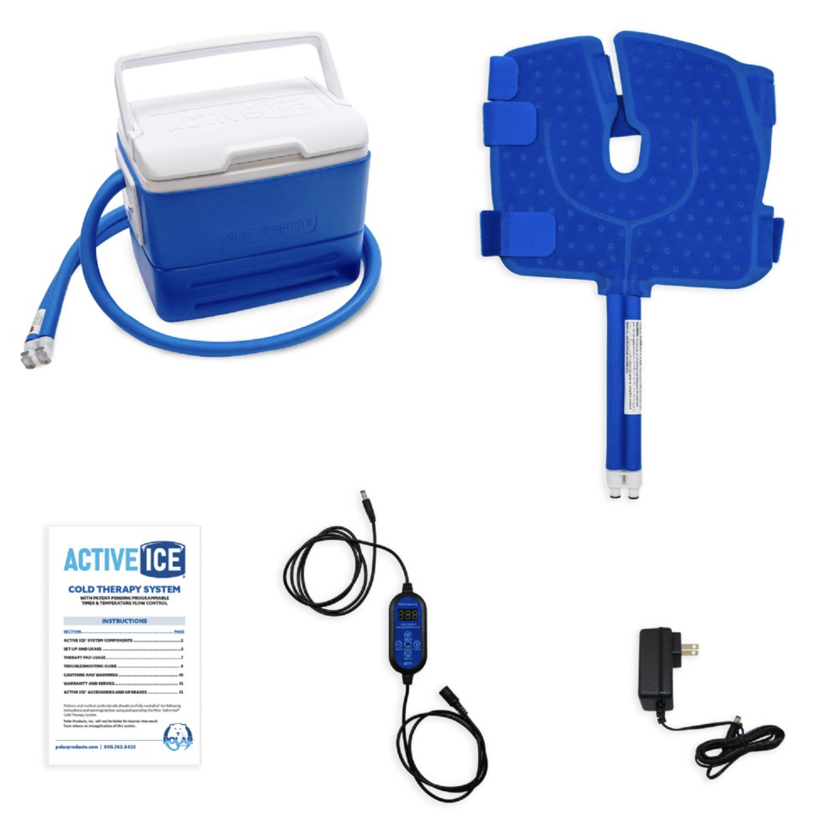 A portable blue ice therapy system with a cooler, a back pad, a digital controller with a cable, and a power adapter.