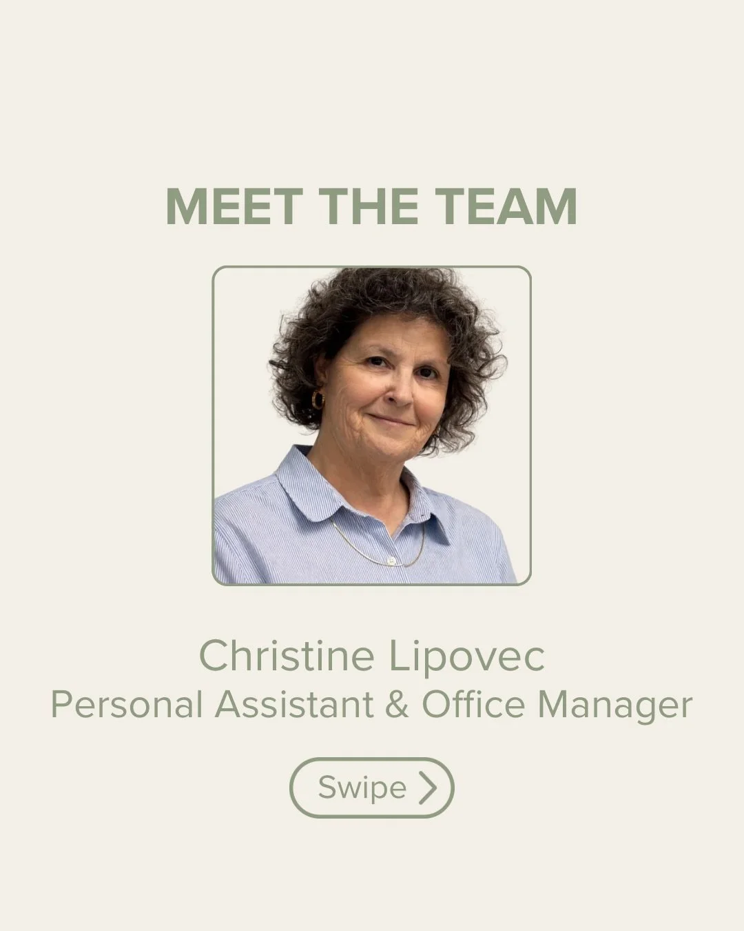 Meet the team, next up is the person who keeps everything ticking! Christine Lipovec is Claudia's Personal Assistant and Office Manager, and the one quietly keeping everything in order, making sure nothing falls through the cracks. Swipe to get the f