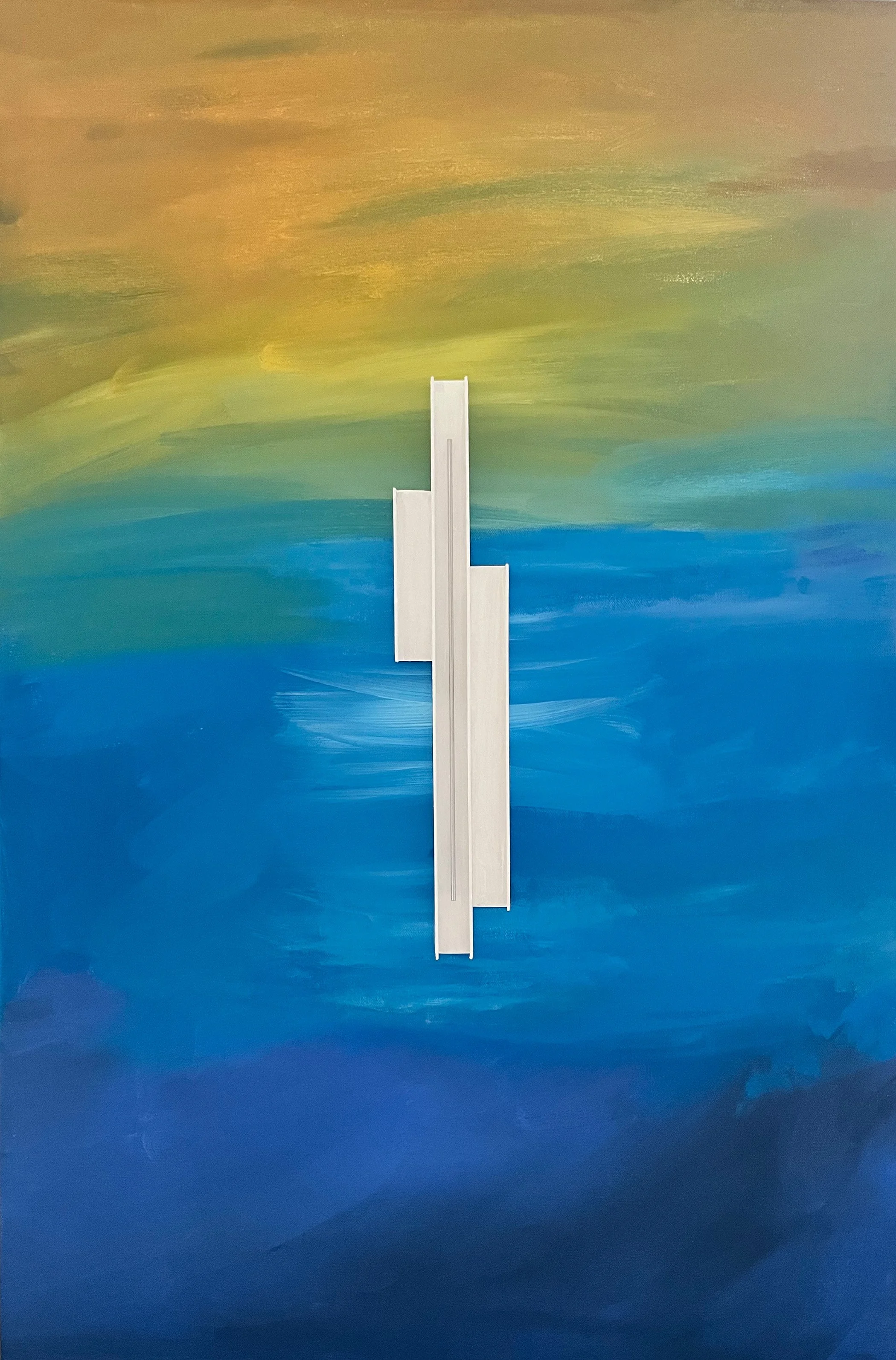 Carrie Caulkins - abstract wall art featuring colorful brushstrokes in green, yellow, blue, and purple with a metallic white geometric sculpture in the center.