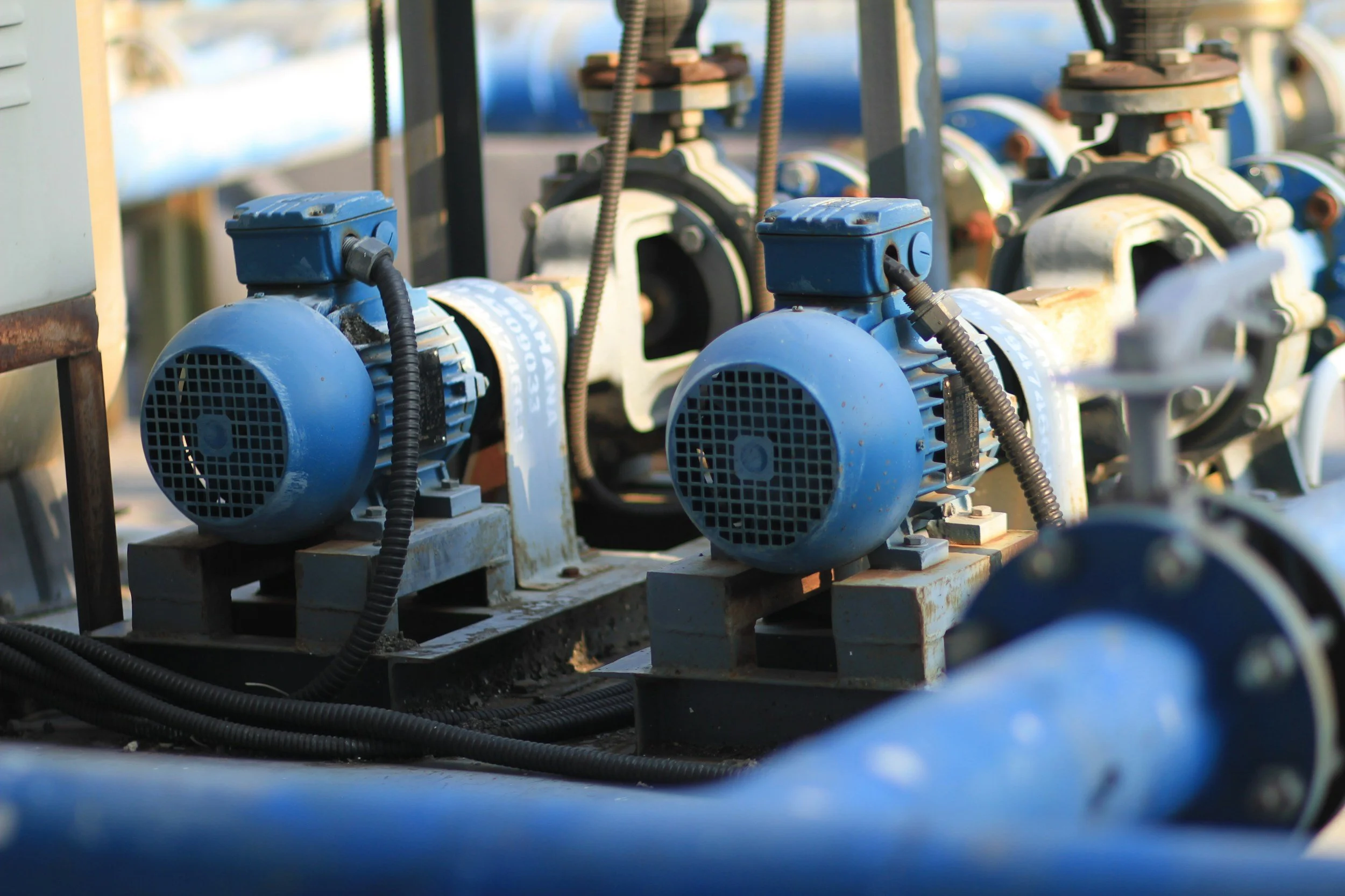 Close-up of multiple blue and gray industrial electric motors with electrical wiring, mounted on a metal frame.