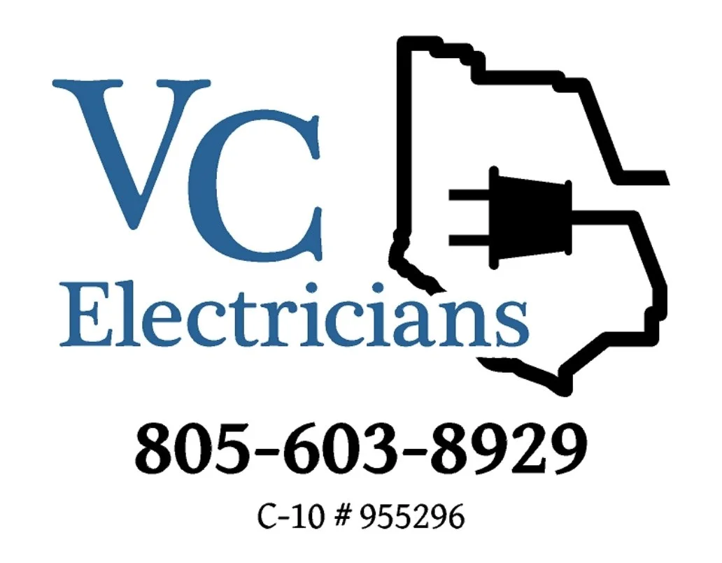Logo for VC Electricians with a black outline of the state of California, a power plug, and text including a phone number and C-10 license number.
