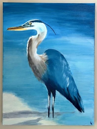 Painting of a heron standing near water with a blue background.