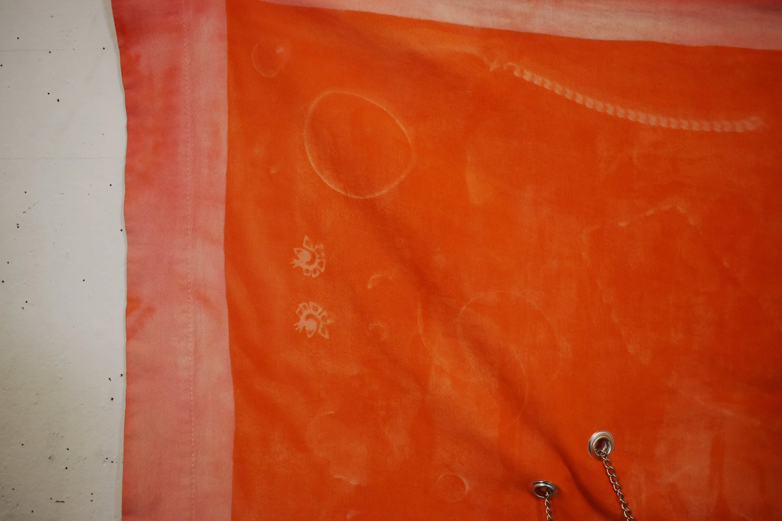 "Memory" 27x38 2025-2026

My Mother’s Pillowcase, Solarfast Dye & Wash, Dried Flowers, Testosterone Vial, My Mother’s Bangles, Rosary, Earrings, & Rings. My Earrings, Piercing Bars, Bangles, Necklaces, Rings, Chains, Collar, & Dog Tag. Grommets, Chai