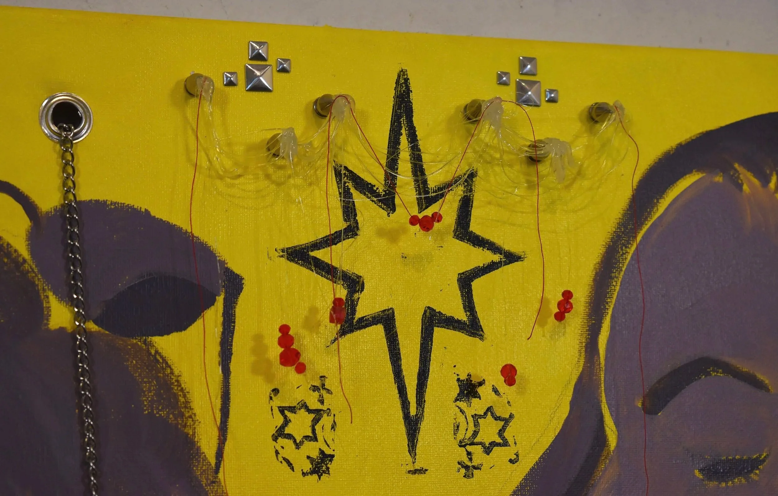 "Mother" 24x20 2026

Oil, Canvas, Graphite, Linocut Cotton Patch, Cotton Embroidery Thread & Needle, Screen-printing Ink, Grommets, Chain, Spikes, Studs, Hot Glue, Glass Beads, Thread