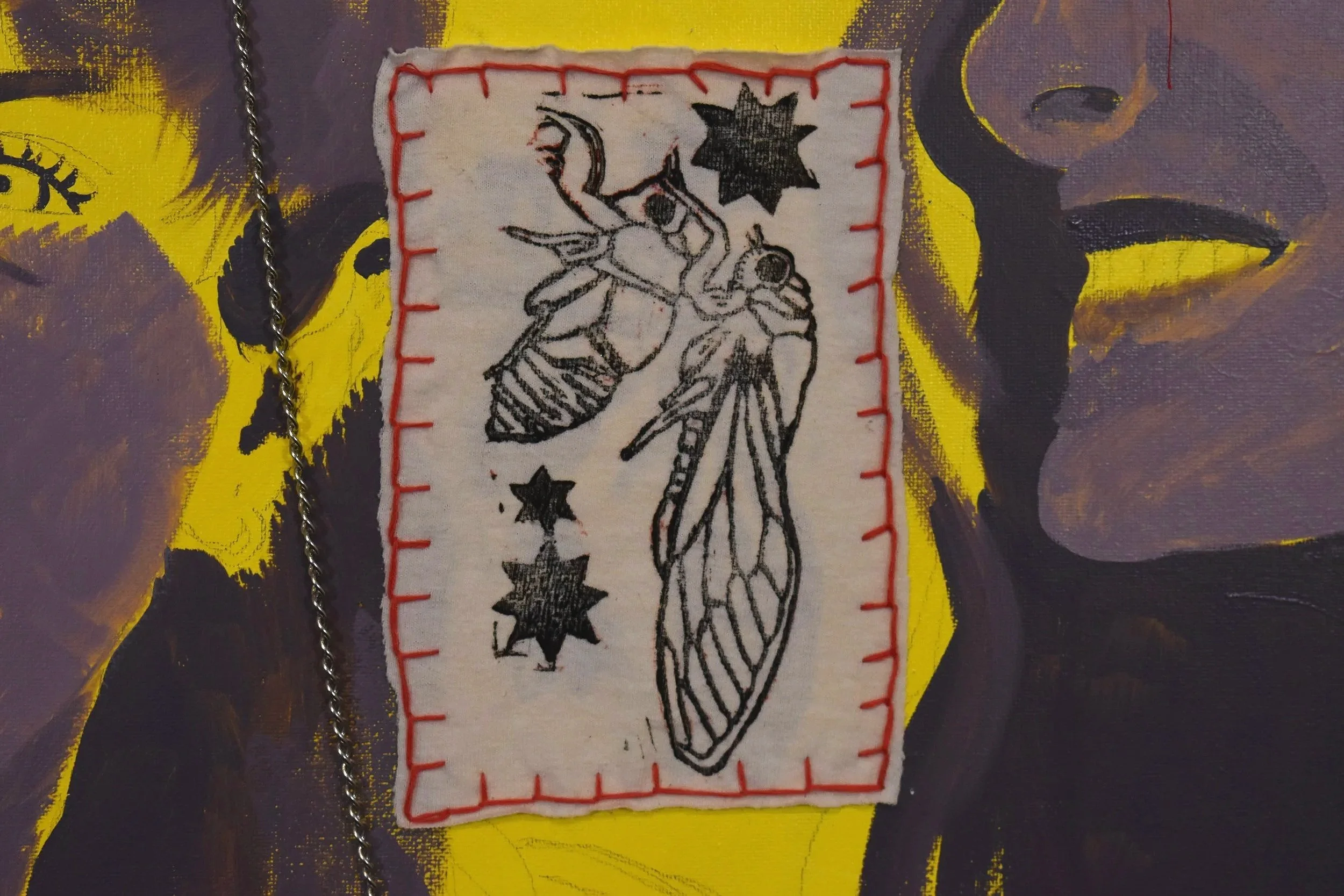 "Mother" 24x20 2026

Oil, Canvas, Graphite, Linocut Cotton Patch, Cotton Embroidery Thread & Needle, Screen-printing Ink, Grommets, Chain, Spikes, Studs, Hot Glue, Glass Beads, Thread