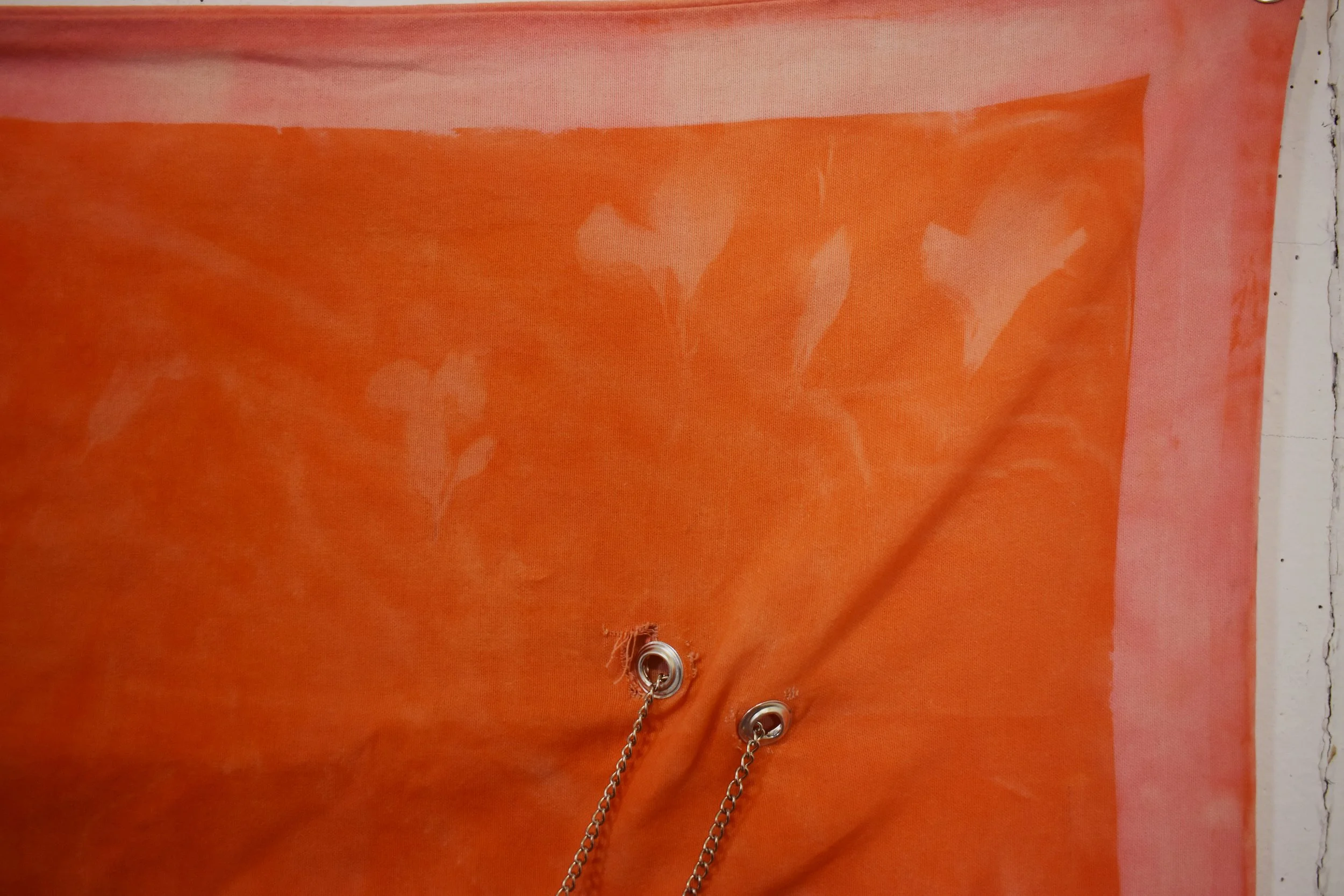 "Memory" 27x38 2025-2026

My Mother’s Pillowcase, Solarfast Dye & Wash, Dried Flowers, Testosterone Vial, My Mother’s Bangles, Rosary, Earrings, & Rings. My Earrings, Piercing Bars, Bangles, Necklaces, Rings, Chains, Collar, & Dog Tag. Grommets, Chai
