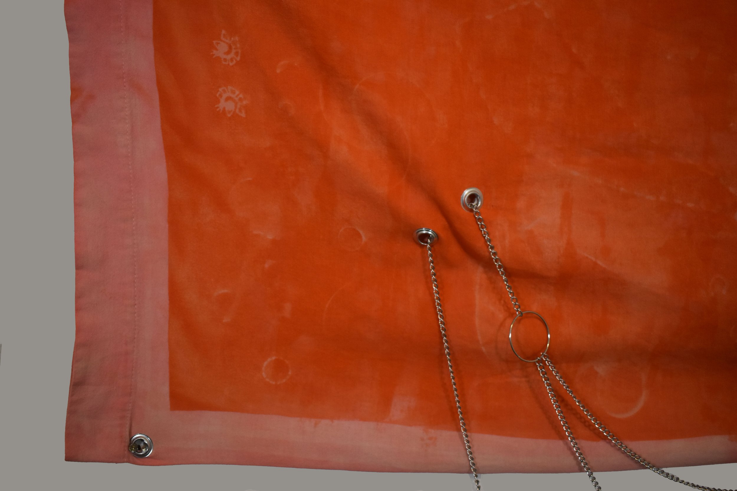 "Memory" 27x38 2025-2026

My Mother’s Pillowcase, Solarfast Dye & Wash, Dried Flowers, Testosterone Vial, My Mother’s Bangles, Rosary, Earrings, & Rings. My Earrings, Piercing Bars, Bangles, Necklaces, Rings, Chains, Collar, & Dog Tag. Grommets, Chai